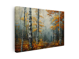 Autumn birch forest canvas art with woodland path for cozy living room decor.