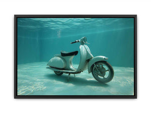 Underwater vintage scooter canvas print in turquoise pool for modern statement decor.