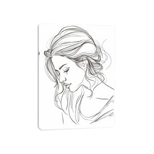 Minimalist woman line art canvas with flowing hair for elegant bedroom decor.