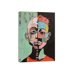 Cubist abstract portrait canvas with colourful face blocks for modern living room decor.