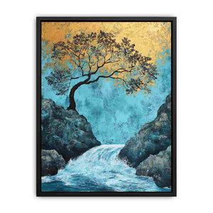 Vertical blue and gold waterfall landscape canvas art for modern living room decor.
