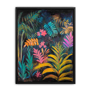 Moody tropical botanical canvas art with teal leaves and pink flowers for modern living room decor.