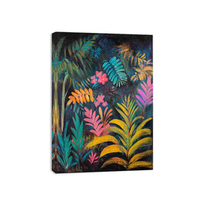 Moody tropical botanical canvas art with teal leaves and pink flowers for modern living room decor.