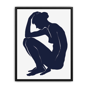 Minimalist navy woman silhouette canvas art for calm bedroom or bathroom decor.