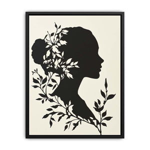 Black botanical woman silhouette canvas art for elegant bedroom or hallway decor.