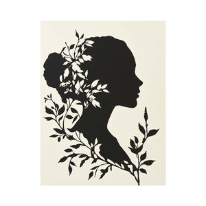 Black botanical woman silhouette canvas art for elegant bedroom or hallway decor.