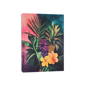 Tropical pineapple and floral canvas art for colorful dining room or kitchen decor.