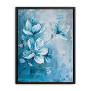 Soft blue magnolia floral canvas art for elegant bedroom or bathroom decor.