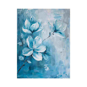 Soft blue magnolia floral canvas art for elegant bedroom or bathroom decor.