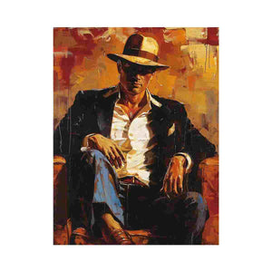 Bold seated man portrait canvas art in amber tones for office or lounge decor.