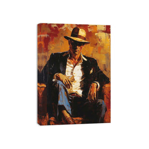 Bold seated man portrait canvas art in amber tones for office or lounge decor.