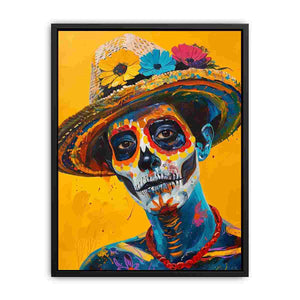 Colorful sugar skull portrait canvas art with sombrero for eclectic home bar decor.