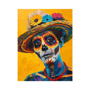 Colorful sugar skull portrait canvas art with sombrero for eclectic home bar decor.