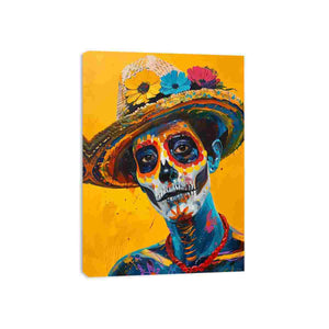 Colorful sugar skull portrait canvas art with sombrero for eclectic home bar decor.