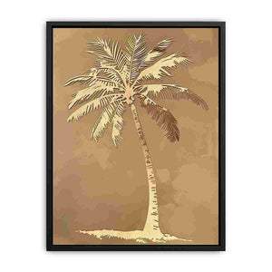 Gold palm tree canvas art on taupe background for coastal bedroom or hallway decor.