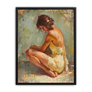 Warm seated woman canvas art for elegant bedroom decor.
