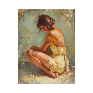 Warm seated woman canvas art for elegant bedroom decor.