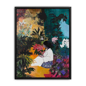 Lush tropical garden canvas art for colorful living room decor.