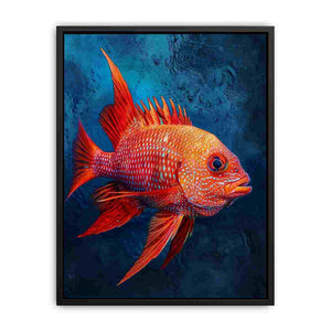 Red tropical fish canvas art for coastal bathroom decor.