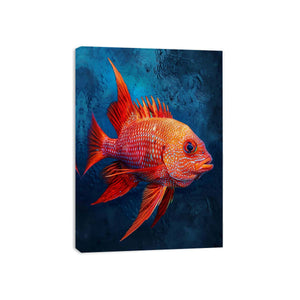 Red tropical fish canvas art for coastal bathroom decor.