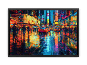 Vibrant neon city taxi canvas art for modern living room decor.