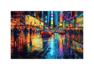 Vibrant neon city taxi canvas art for modern living room decor.