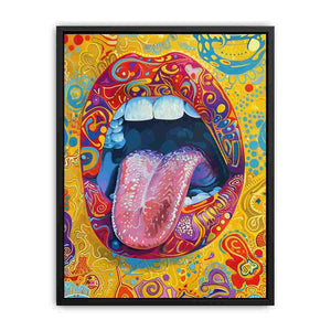 Colorful psychedelic pop art lips and tongue canvas artwork for modern living room and creative interior decor.