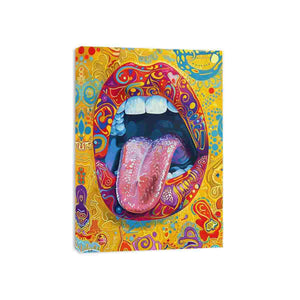 Colorful psychedelic pop art lips and tongue canvas artwork for modern living room and creative interior decor.