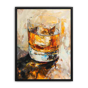 Abstract whiskey glass canvas art for luxury home bar or dining room decor.