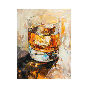 Abstract whiskey glass canvas art for luxury home bar or dining room decor.
