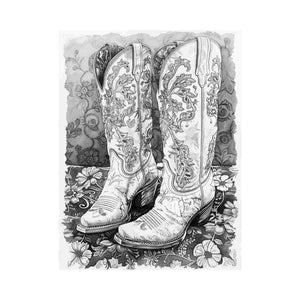 Black and white cowboy boots illustration for western bedroom or hallway decor.