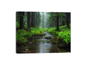 Green forest stream canvas art for calm biophilic living room or office decor.