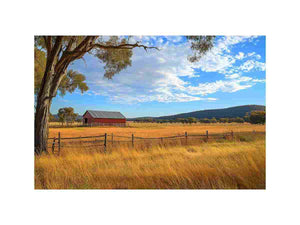 Red barn country landscape canvas art for rustic farmhouse living room decor.