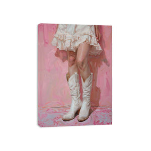 Pink cowgirl boots canvas art for feminine bedroom or dressing room decor.