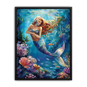 Fantasy mermaid underwater canvas art with coral and fish for bedroom decor.