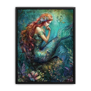 Emerald mermaid underwater canvas art for elegant fantasy bedroom decor.