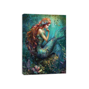 Emerald mermaid underwater canvas art for elegant fantasy bedroom decor.