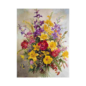 Vintage floral bouquet canvas art with lilies for elegant dining room decor.