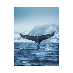 Whale tail ocean canvas art with arctic mountains for serene living room decor.
