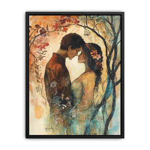 Romantic couple floral illustration canvas art for elegant bedroom decor.