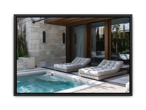 Modern pool terrace canvas print with luxury loungers for contemporary living room decor.