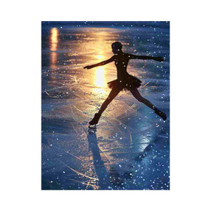 Figure skater silhouette canvas art on glowing ice for dramatic modern bedroom decor.