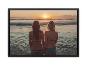 Coastal sunset beach canvas art with two women by the ocean for relaxed bedroom decor.