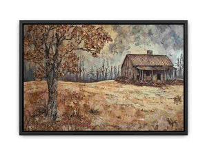 Rustic autumn cabin landscape canvas art for cozy farmhouse living room decor.