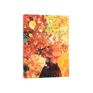 Vibrant floral woman portrait canvas art for bold modern living room decor.