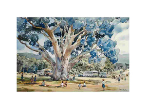 Watercolor blue gum tree canvas art with children and caravans for family room decor.