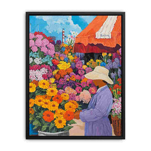 Colourful flower market canvas art in contemporary style for bright living room decor.