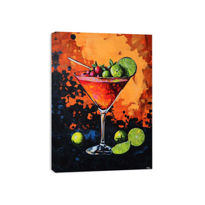 Bold cocktail canvas art with lime and berries for modern home bar decor.