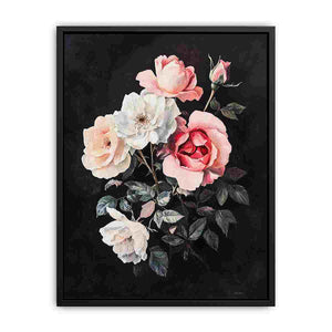 Moody rose canvas art in classic botanical style for elegant bedroom decor.