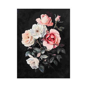 Moody rose canvas art in classic botanical style for elegant bedroom decor.